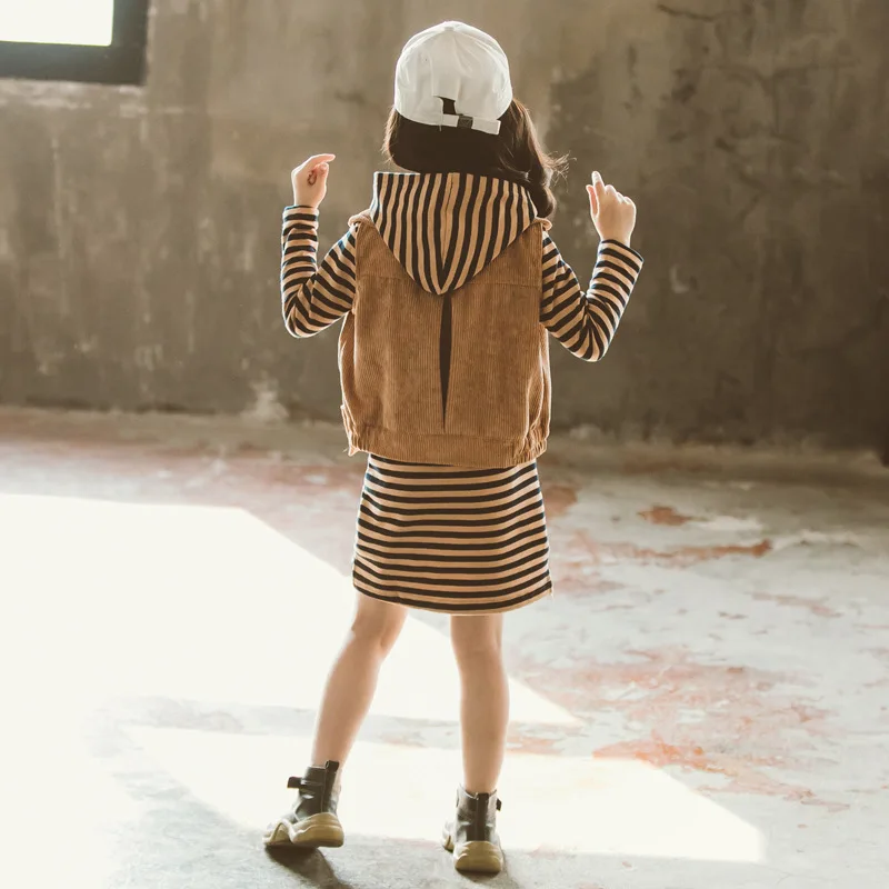 2021 Stripe Spring Autumn Children Clothes Baby Girls Hooded Sweatshirts + Vest Kids Teenagers Tracksuit Sport Suits Outwear