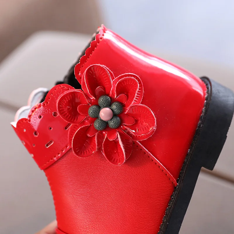 

Women 's Winter Boots Child Ankle Girl Chelsea Boots Rubber Leather Flock Ankle Round Toe Flat with Black Flower Girl Princess