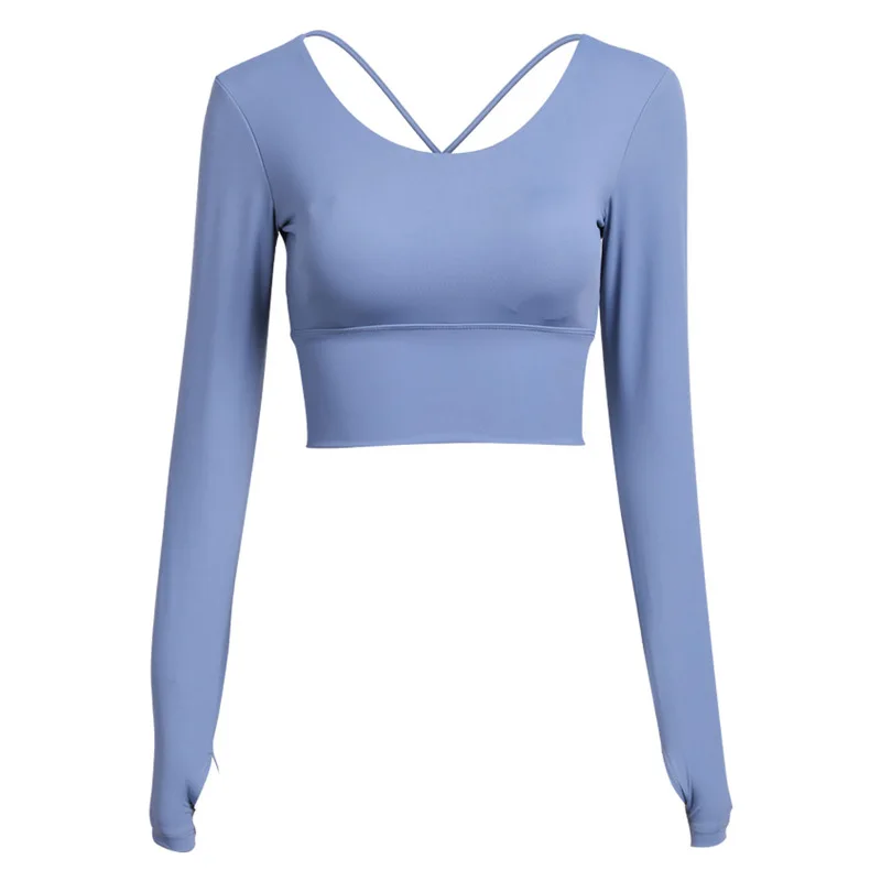 

Yoga Long Sleeve Halter Shirts For Women Gym Running Clothing Fitness Crop Workout Sport Padded Tops Solid Ropa Deportiva Mujer