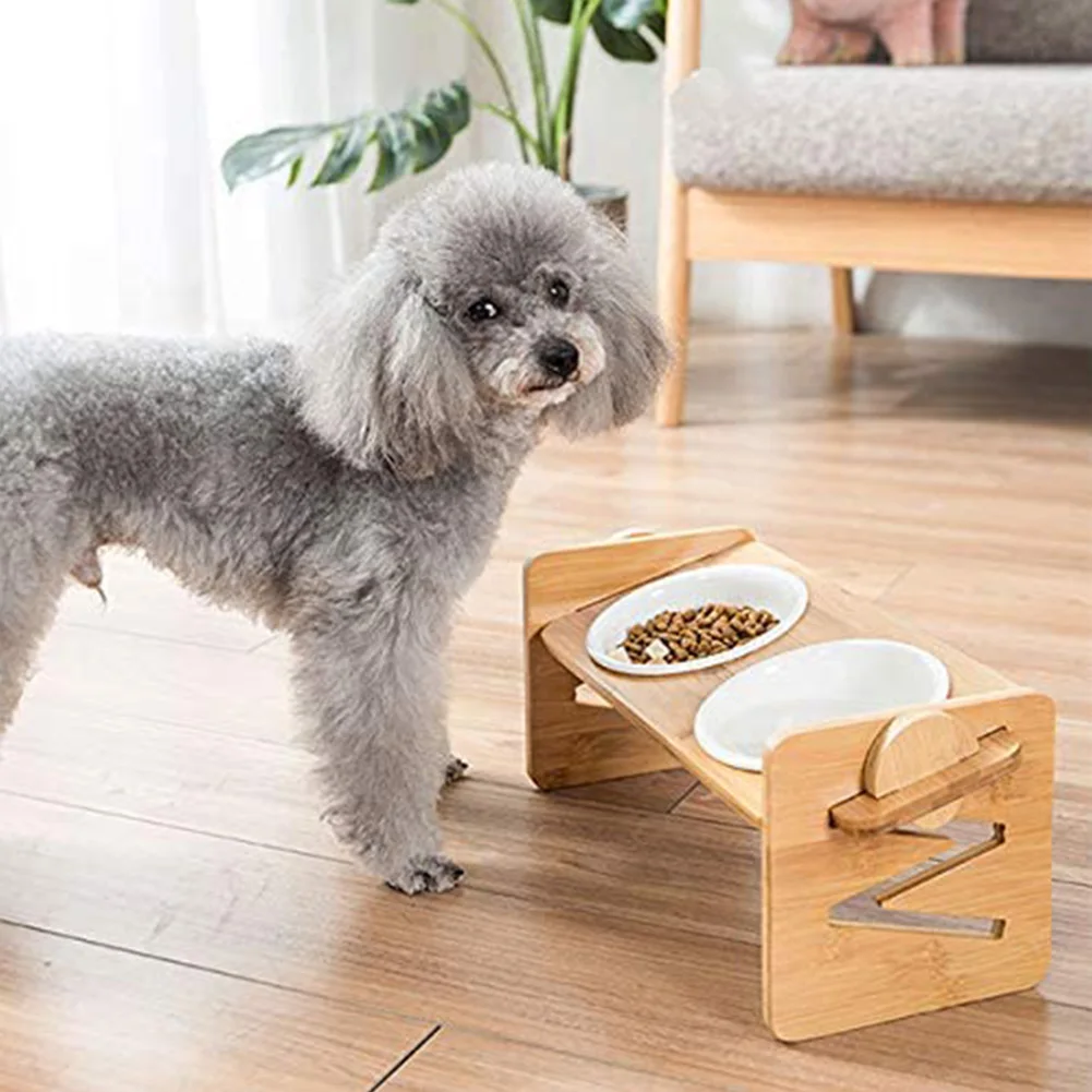 

Pet Dog Bowls Elevated Heights Adjustable Bamboo Food And Water Dishes Wooden Stand Puppy Pet Cat Neck Care Raise Stand Bowl