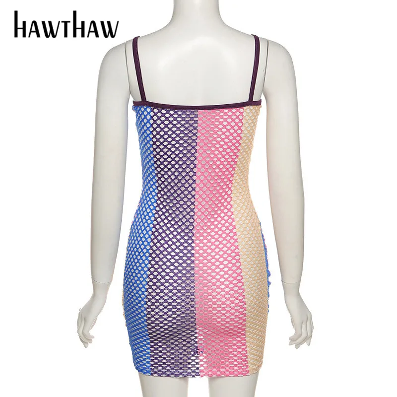 

Hawthaw Women Sleeveless Color Block Bodycon Hollow Out Party Package Hip Mini Dress Sundress 2021 Female Clothing Streetwear