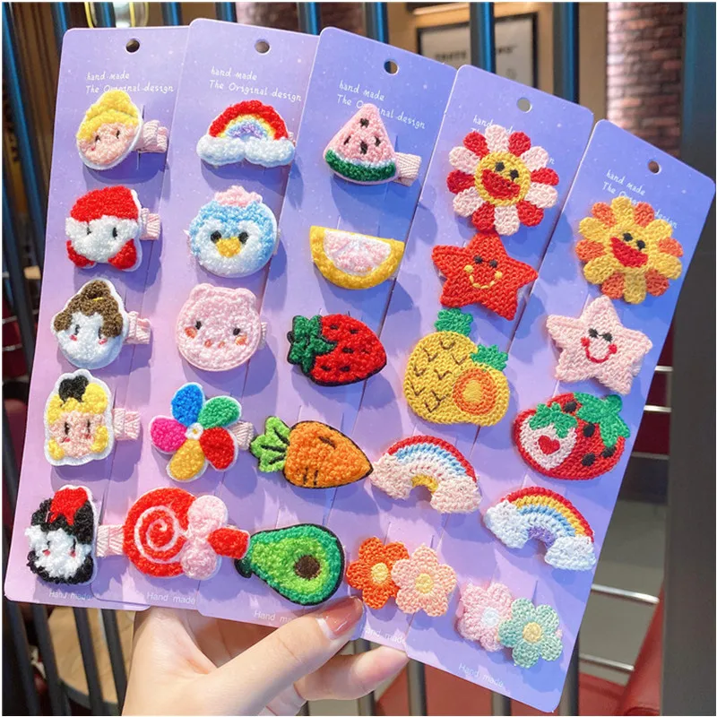 

5pcs Toddlers Kids 5cm Wool Crochet Flower Stars Hair Clips Velvet Princess Hairpins Barrettes Fashion Girls Hair Accessories