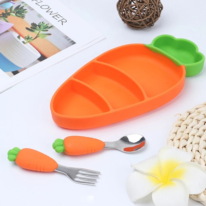 

57EE 3 Pcs Silicone Plate Spoon Fork Sets Baby Feedings Silicone Bowl Tableware