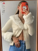 tossy fur rib knitted cardigans long sleeve cropped top women new sweater 2022 winter slim fashion knit coat white knitwear