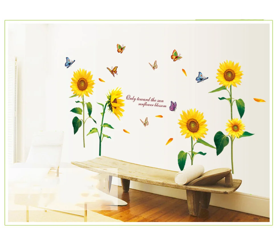 

Hand Painted Sunflower Wall Stickers Bedroom Cabinet Glass Door Wardrobe Decals Living Room Background Wall Decortion Mural