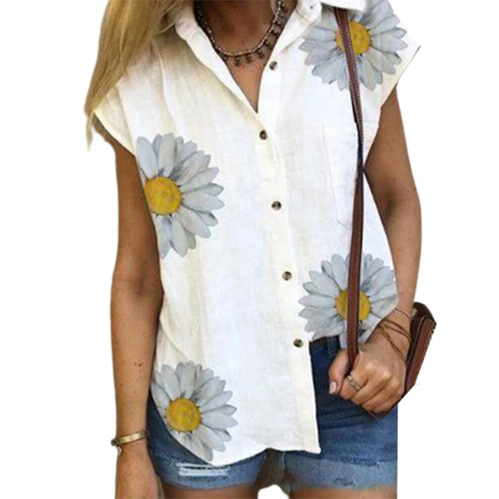 Женская рубашка для отдыха с принтом хризантем без рукавов на пуговицах