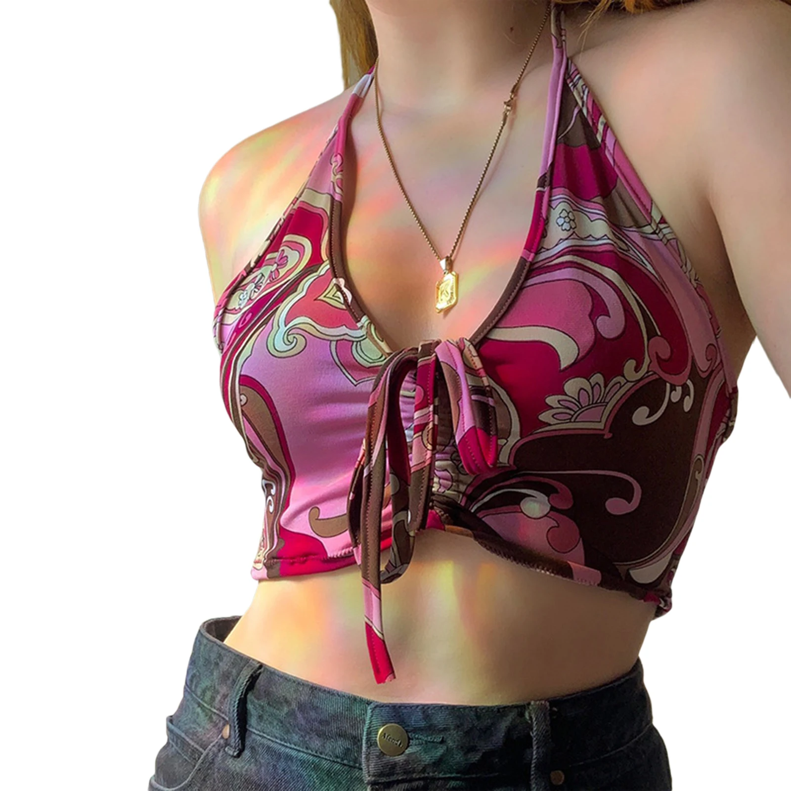 

Women’s Fashion Water Ripple Print Lace-up Vest Sexy Drawstring Bandage Exposed Navel Halter Camisole