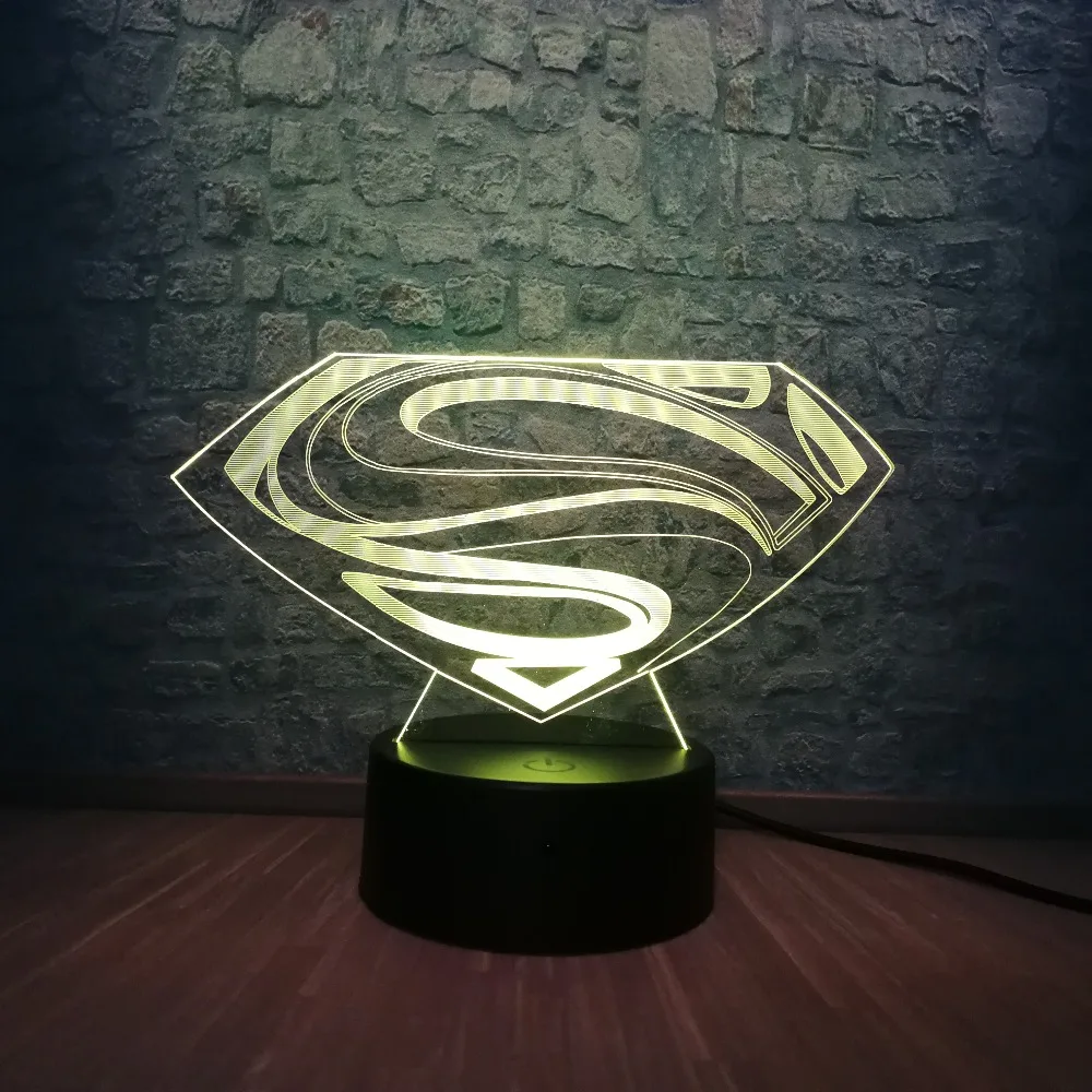3D светодиодный DC Супермен логотип лампочки с символами, моделирующая лампа, 7 цветов, изменение иллюзии, настольный ночник, декор для комнаты, Детские вентиляторы, подарок, детская игрушка