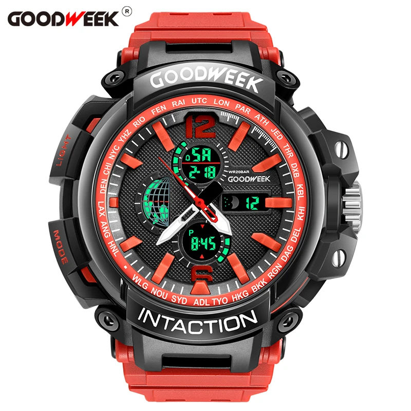 red GOODWEEK мужские спортивные часы аналоговые цифровые часы Quartyz Водонепроницаемые многофункциональные часы с двойным дисплеем хронограф Reloj Hombre - Цвет: red
