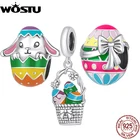 WOSTU Подвеска из стерлингового серебра 925 пробы кролик корзина для пасхальных яиц амулеты Пасхальная бусина с бантиком подходит браслеты браслет для женщин ювелирные изделия