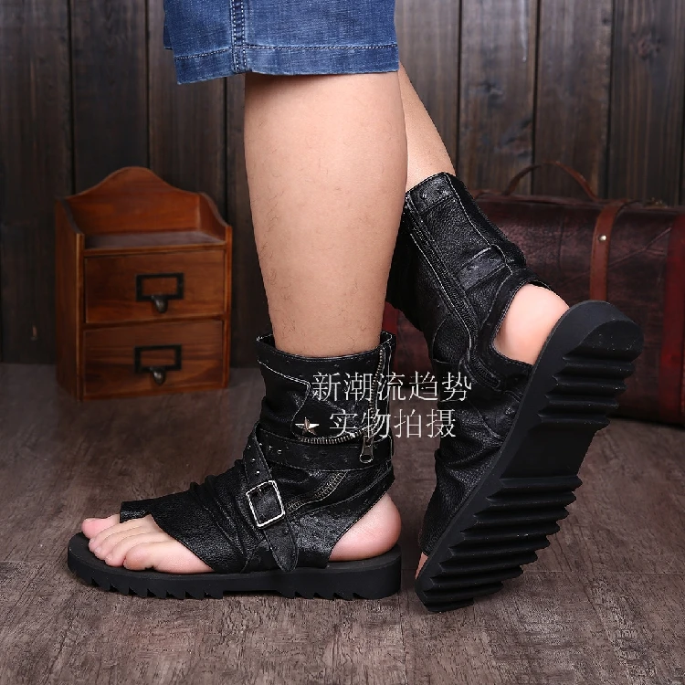 Мужские сандалии гладиаторы из натуральной кожи короткие босоножки с кружевом