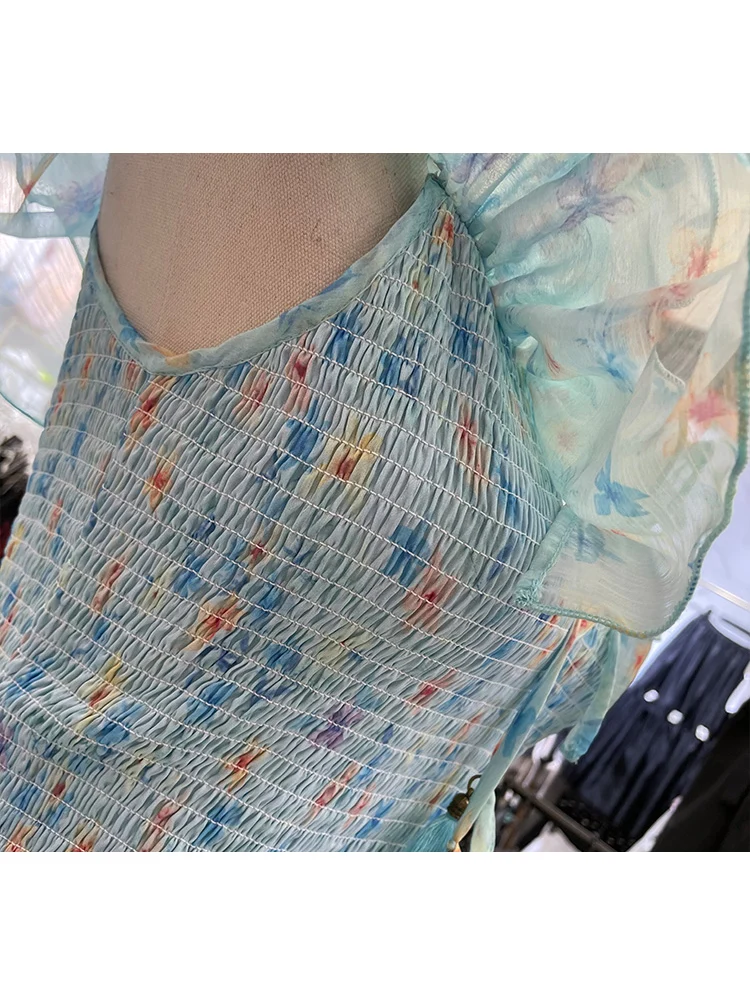 

Leaky shoulders, laces, frills, one-way neck, elastic high waist, multi-level retro printed dress, ladies summer new styles