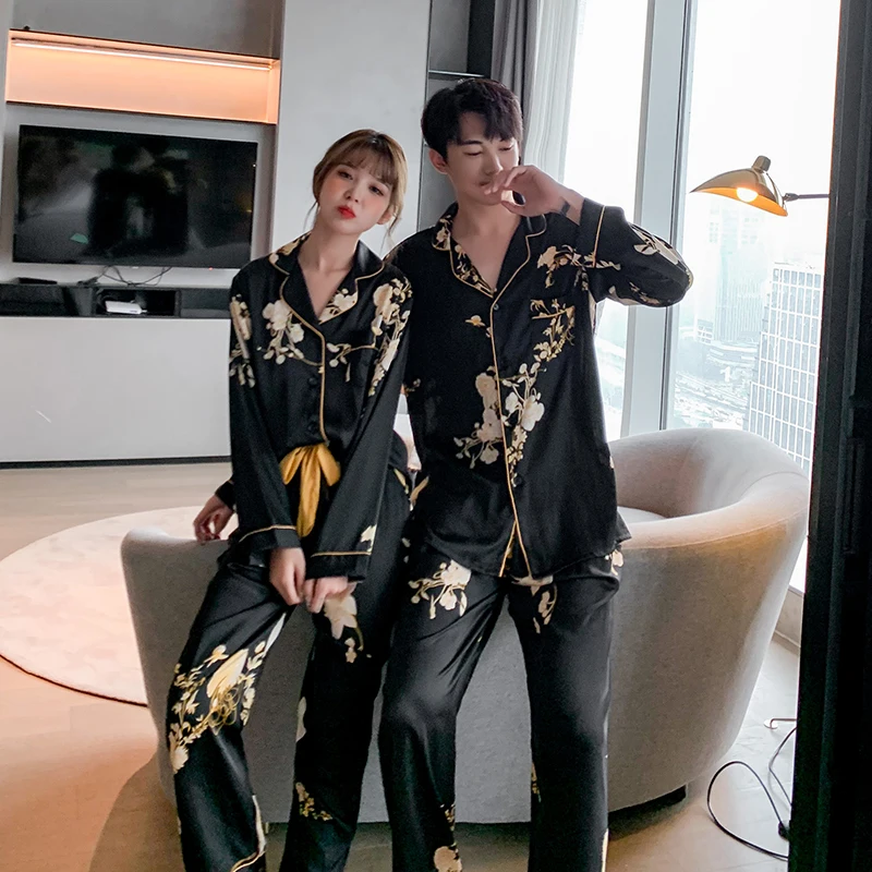 Women's Pajamas Sets Light luxury Flower Print Black and Gold Sleepwear Silk Like Couple Home Clothes Nightwear for Men пижама