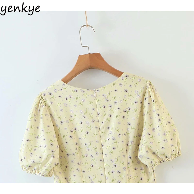 

Elegant Women Floral Print Dress Female V Neck Short Sleeve High Waist Slim A-line Mini Female Summer Party Dresses vestido