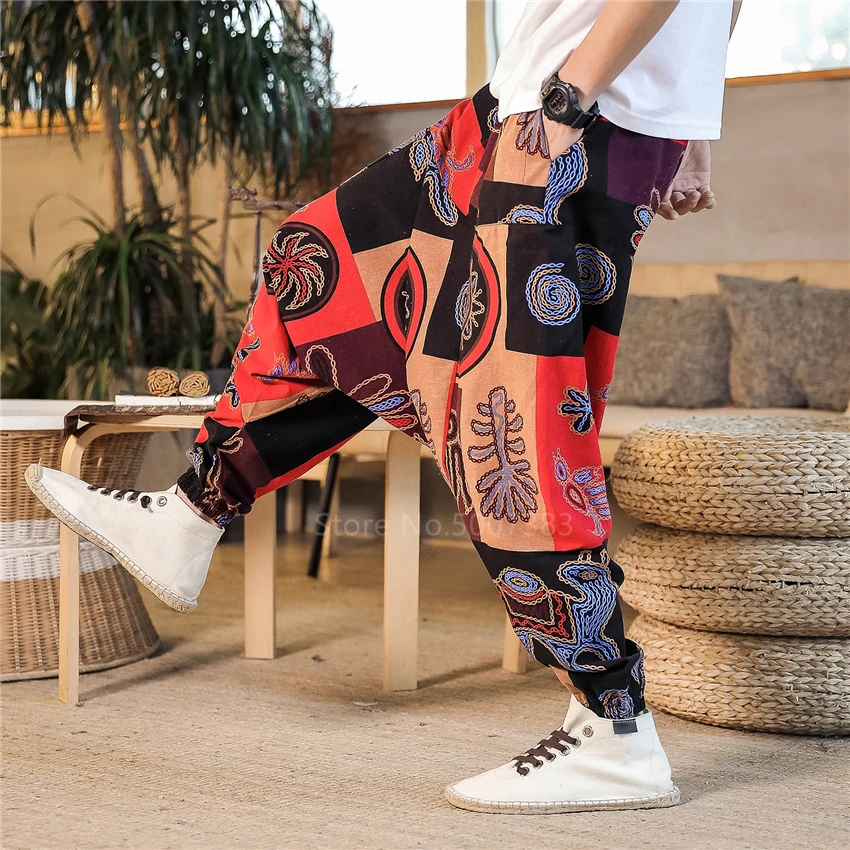 

Japanese Style Baggy Cotton Linen Harem Pants Men Hip-hop Men Plus Size Wide Leg Trousers Printed Casual Long Crotch Pants