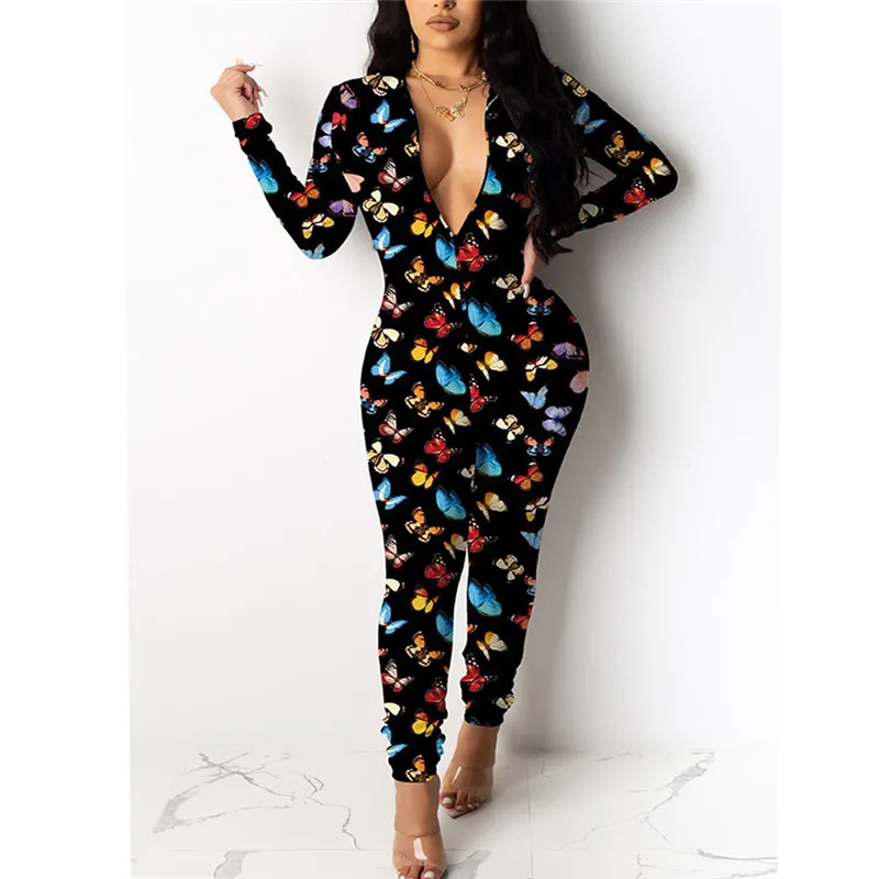 

Комбинезон женский с длинным рукавом, повседневный облегающий Ромпер на молнии, с принтом бабочки, длинные брюки, костюм пляжного типа, осен...