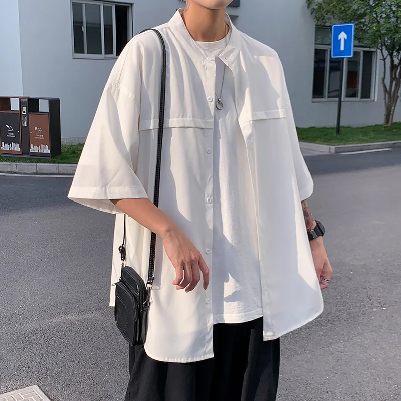 

Plus Size 5XL-M Summer Fashion Drape Ice Silk Short Sleeve Shirts Men Clothing 2021 Stand Collar Loose Casual Camisas De Hombre