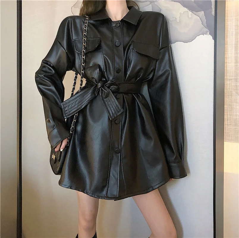 

Fashion Oversized Pu Coat 2021 New Elegant Blouses Jacket Women Punk PU Leather Jackets Gothic Long Sleeve Tops with Belt Female