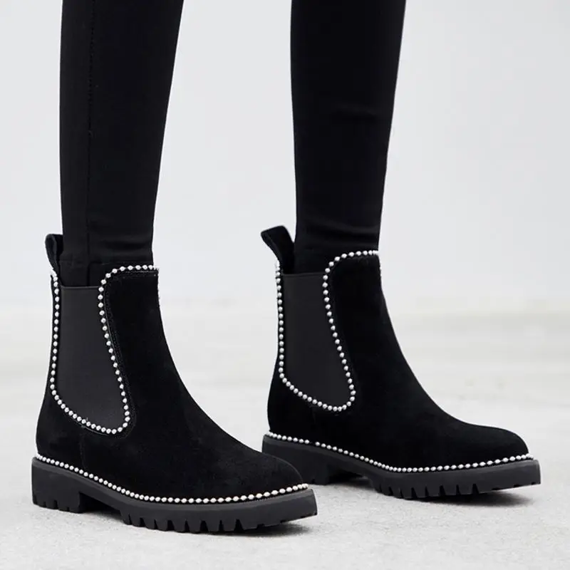 Taoffen Size 34-41 Women Genuine Leather Beads Ankle Boots Chelsea Office Work Party Casual Short Boots Flats Daily Footwear