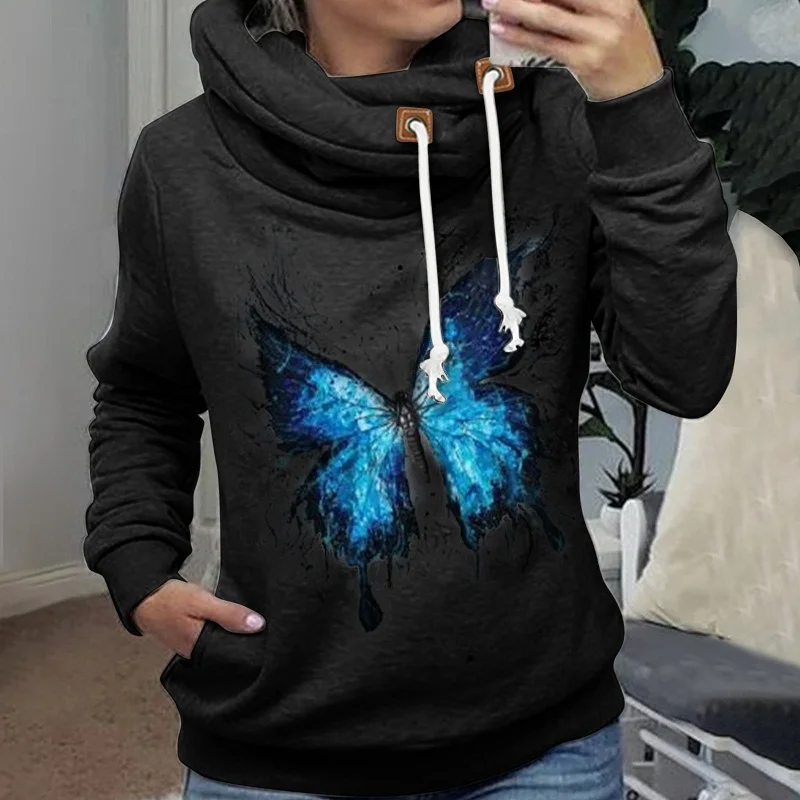 

Fashion Butterfly Print Casual Long Sleeve Sweatshirts Hoodies Women Autumn Winter Elegant Drawstring Top Pullover Female Hooded