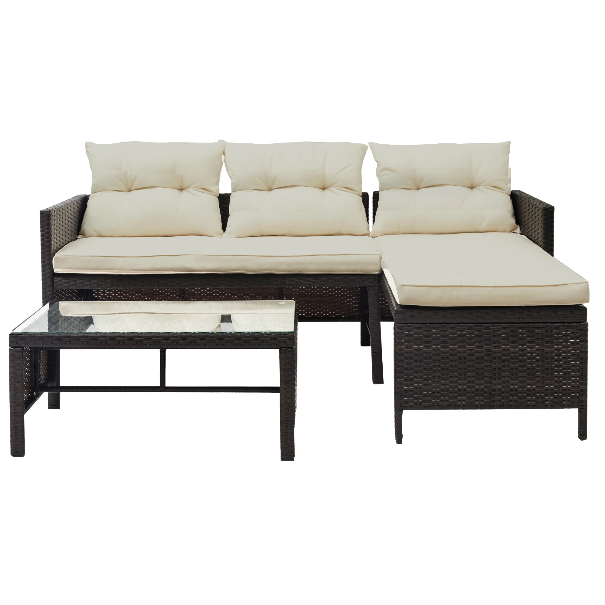 

3 Pcs Outdoor Patio Furniture Set Include 1 Sofa 1 Lounge 1 Coffee Table with Beige Cushions PE Rattan Steel Frame[US-Stock]