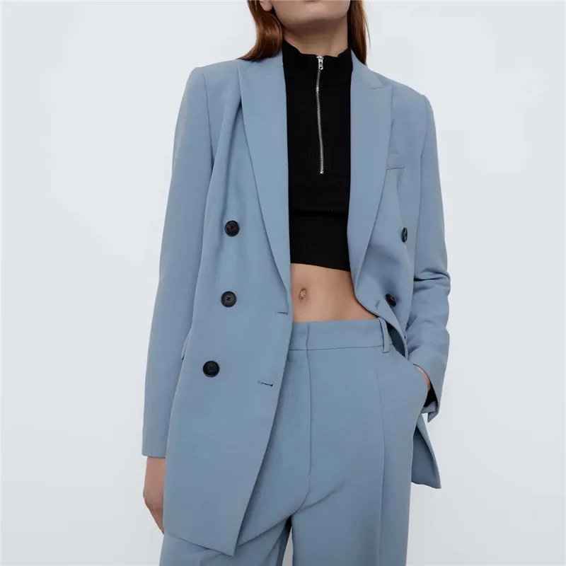 

Пиджак женский двубортный свободного кроя, модный винтажный блейзер с длинным рукавом и карманами, верхняя одежда, шикарный топ, 2021