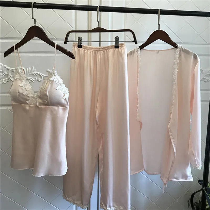 

Satin Pajamas set for Women Elegant 3Pcs Sleepwear Female Sexy lace Pajamas Set Coat + Vest + Pants ouc3264
