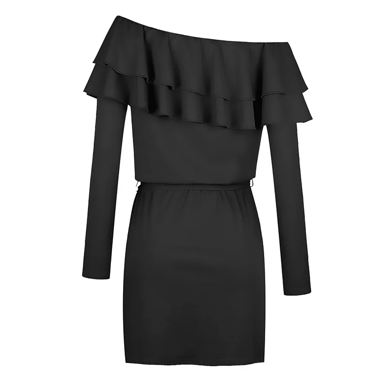 

Sexy Oblique Shoulder Party Mini Cocktail Dress Chiffon Ruffles Solid Color Long Sleeve Pink Black Women Autumn Clothes Female