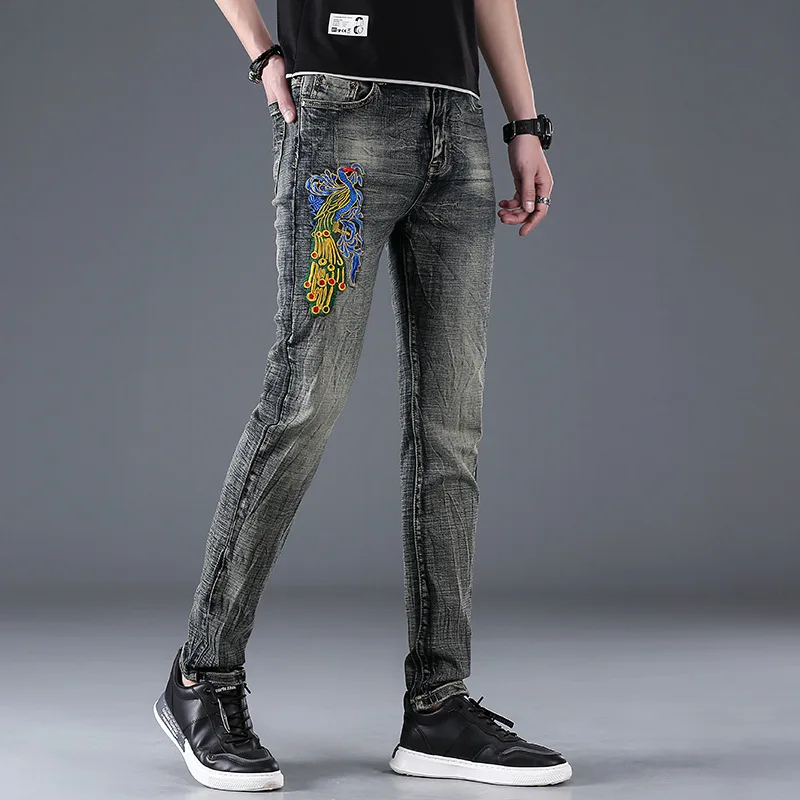 

Summer Hot Selling Peacock Embroidered Jeans Men's Trousers Leggings Youth Korean Fashion Personality Street Clothes Men's Wear