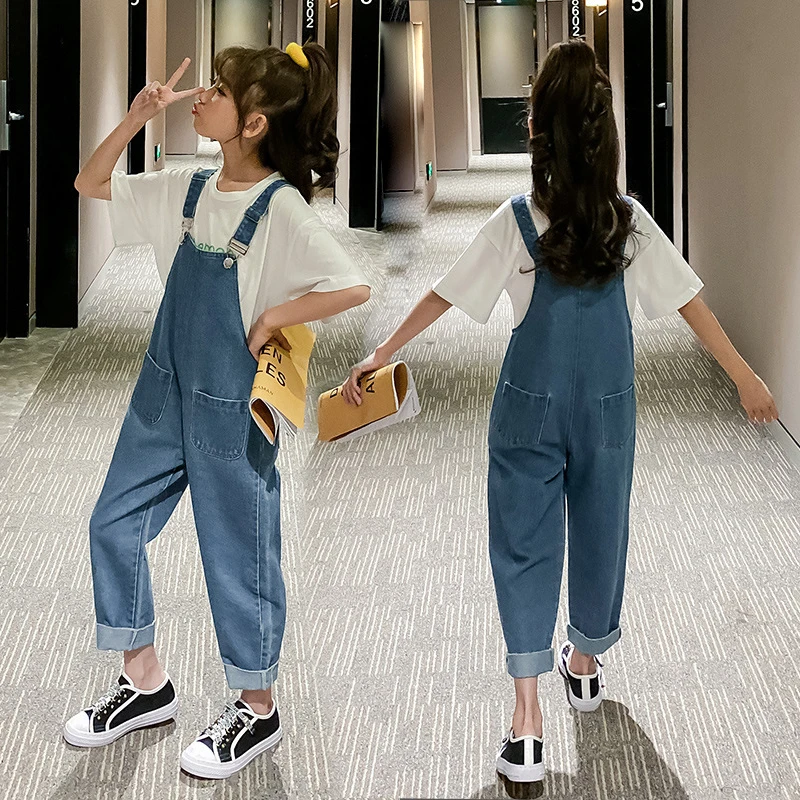 

Girls Denim Overalls Blue Loose Casual Jeans for Kids 2022 Spring Summer Childrens Jumpsuit Student Teens Pants Girl Trousers