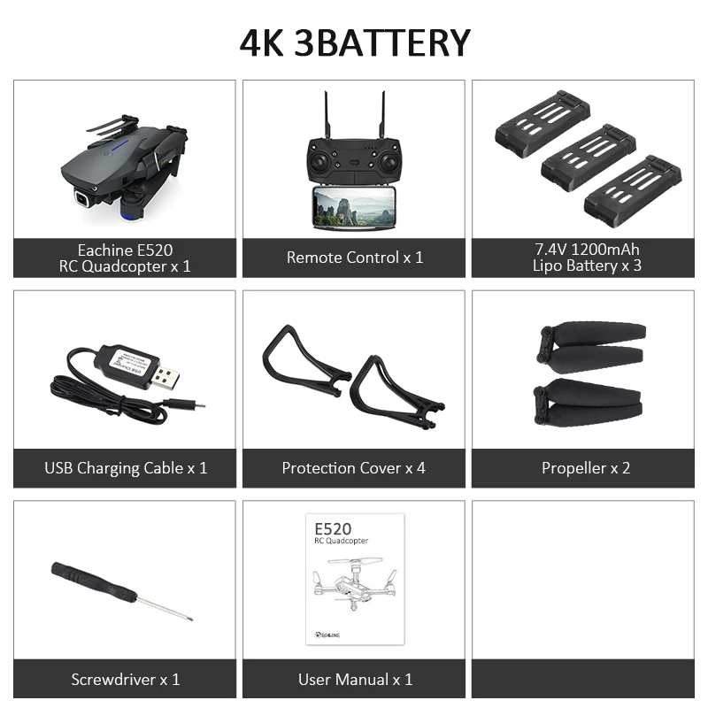 4K 3battery Eachine E520 wifi FPV с 4 K/1080 P HD широкоугольная камера с высоким режимом удержания складной Радиоуправляемый Дрон Квадрокоптер RTF с безголовым режимом - Цвет: 4K 3battery