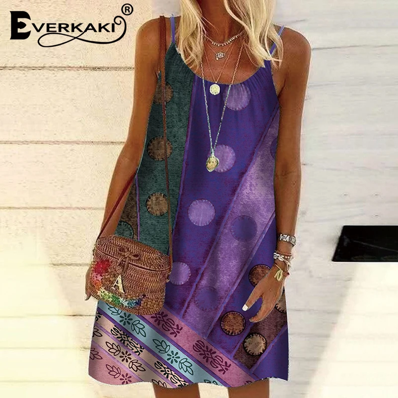 

Everkaki Boho Print Strap Mini Dresses Women Summer Beach Sleeveless Sexy Party Y2k Plus Size Oversize Short Dress 2021 Vestidos