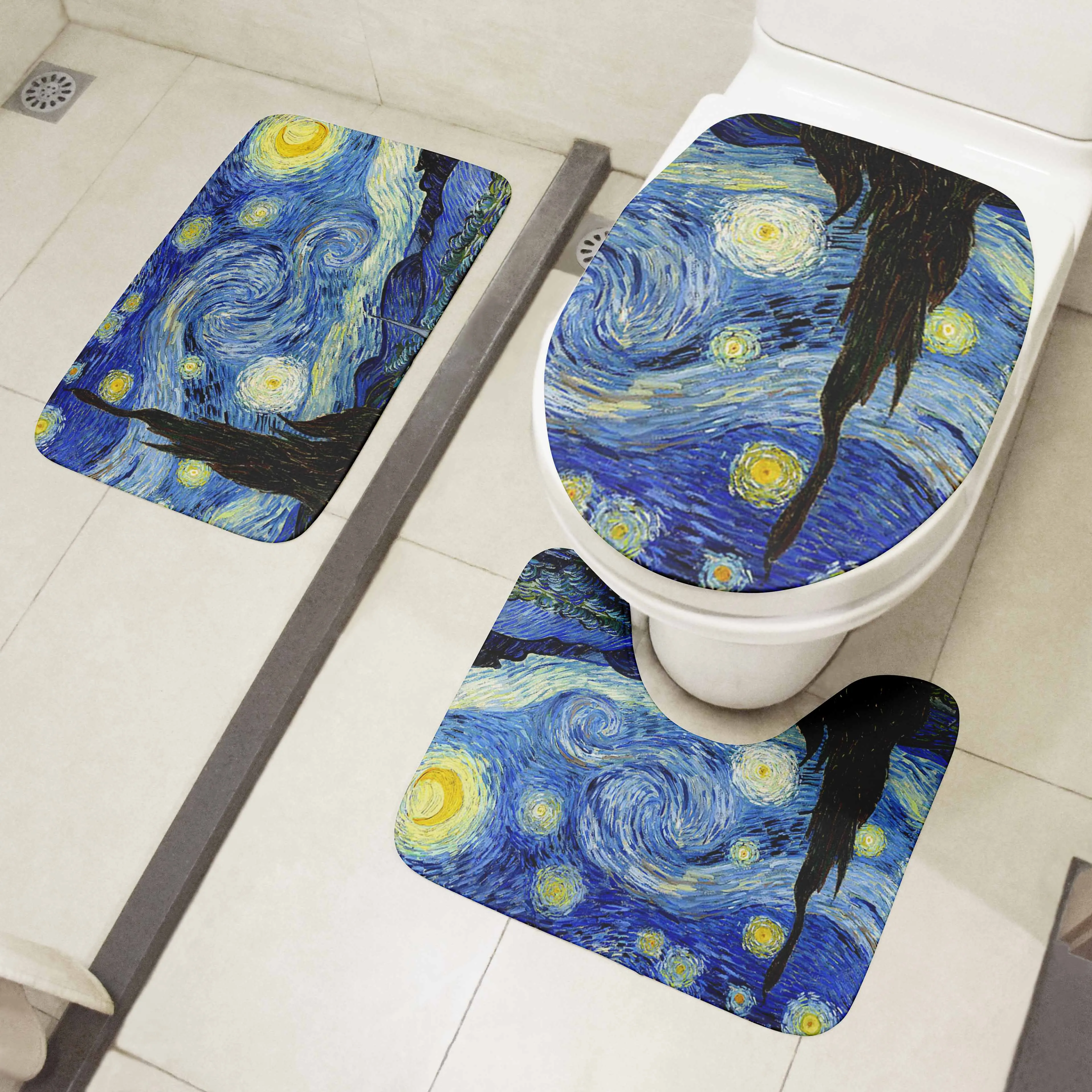 toilet mat set 3d van gogh oil painting sunflower starry night floor rugs bathroom shower flannel non slip carpet toilet cushion free global shipping