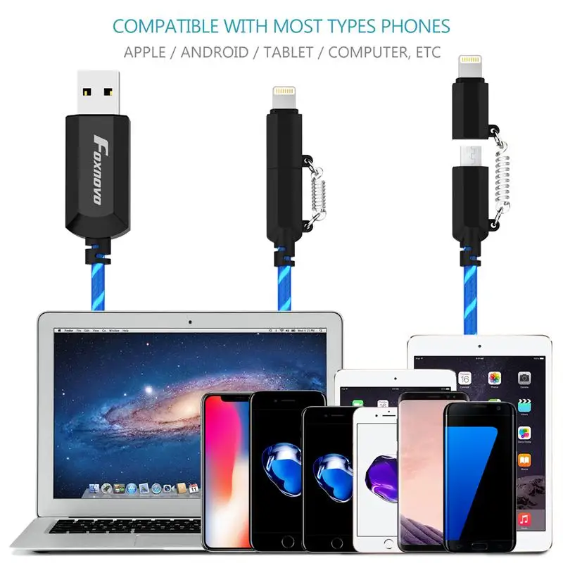 FOXNOVO 2 в 1 Течет EL светильник 8 pin ning и Micro USB кабель синхронизации данных зарядки
