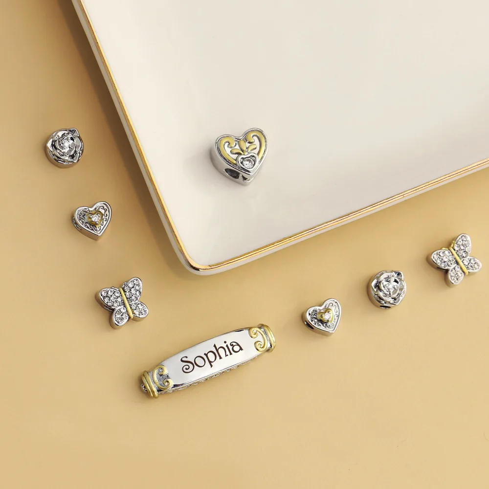 Adjustable Name Bracelet Customized Engraved Name Bangle DIY Custom Peach Heart Butterfly Cross Beads Pendant Granddaughter Gift