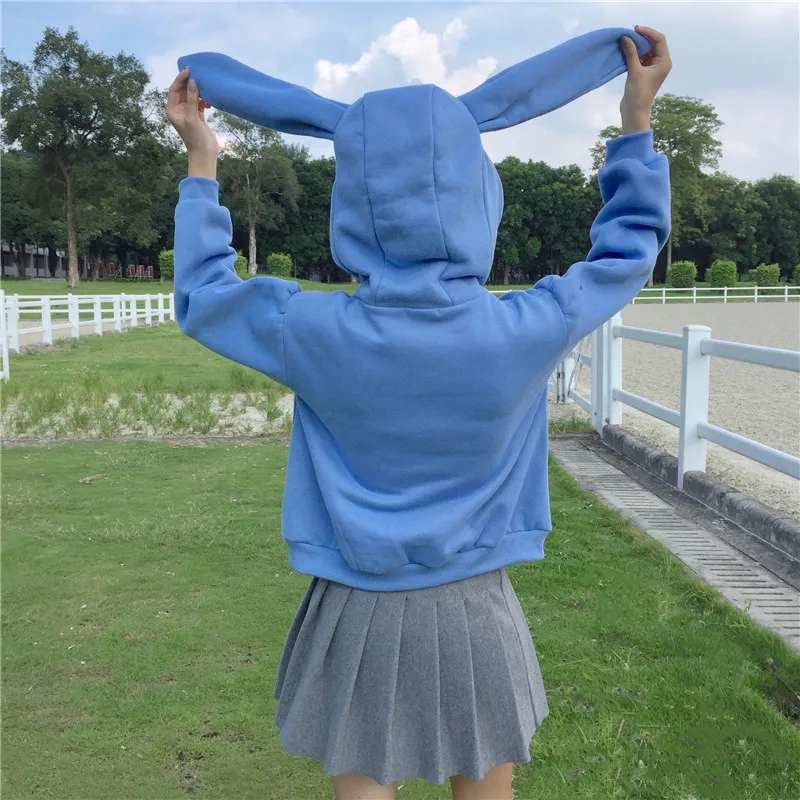 

Sweet Kawaii Solid Color Autumn Winter Plus Rabbit Ear Loose Women's Sweatshirt Hooded Collar Long Sleeve Casual Sky Blue Hoodie