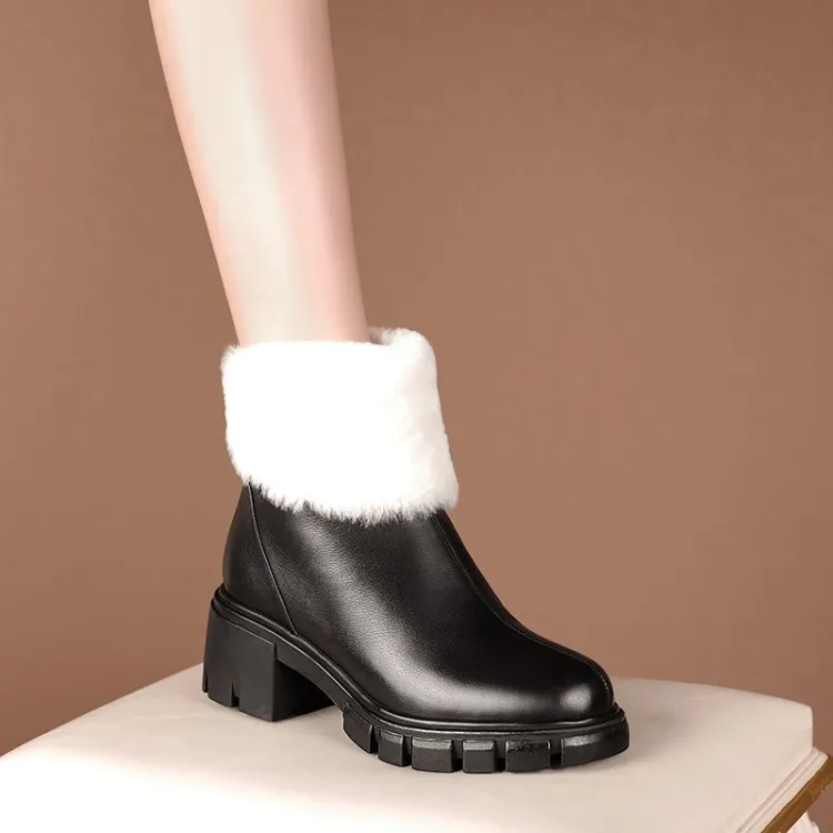 

MLJUESE 2021 women ankle boots Cow leather Winter Wool blend black color round toe high heels female ankle boots size 40