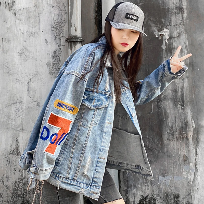 Джинсовые куртки с вышивкой свободная Лоскутная джинсовая куртка в стиле