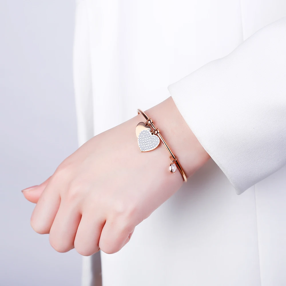 

Stainless Steel Charms Bracelets Bangles For Women Rose Gold Silvery Crystal Female Heart Wedding Bracelet For Lover Jewelry