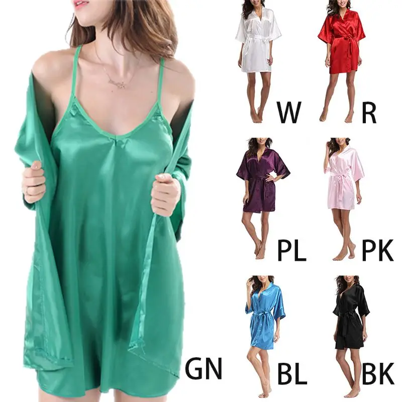 

X3UE 7 Colors Womens Plus Size Short Kimono Cardigan Faux Silk 3/4 Sleeves V-Neck Night Robes Glitter Solid Color Nightgown With