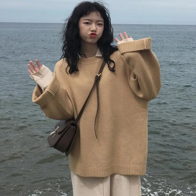 

Women Pullovers Sweater Solid O-Neck Loose Sweet Lovely Females Student Warm Soft Leisure Chic Knitted Outwear Simple All-match