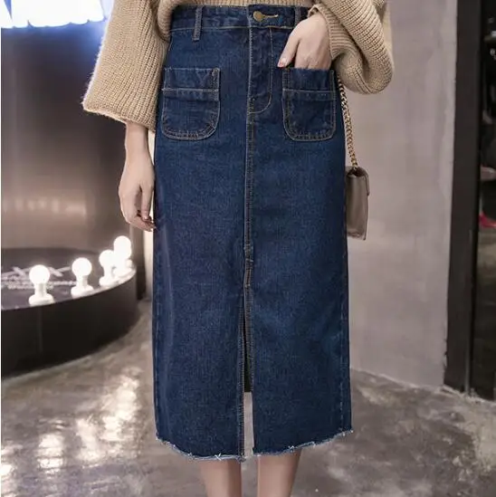 Женская юбка светло-синяя темно-синяя черная джинсовая на пуговицах спереди