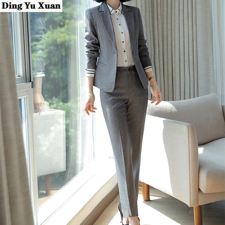 Женский брючный костюм для работы, офисный официальный деловой костюм из двух предметов, Униформа, пиджак и брюки, женская серая одежда