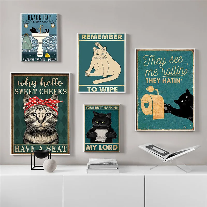 

Cute Black Cat Art Print Canvas Painting Vintage Funny Bathroom Wall Posters and Pictures Modern Home Living Room Decor