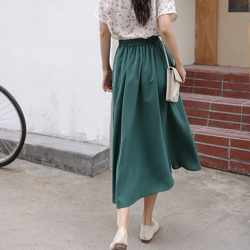 

Romantic Sweet Pleated Mid-Length Skirt Female 2021 Summer High Waist A-Line Skirt Solid Elastic Waist Black Skirts Girl