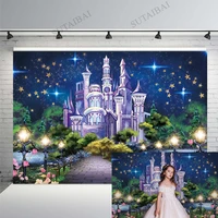 night castle wonderland backdrop starry sky twinkle lakeside flowers wedding photography background baby shower party banner