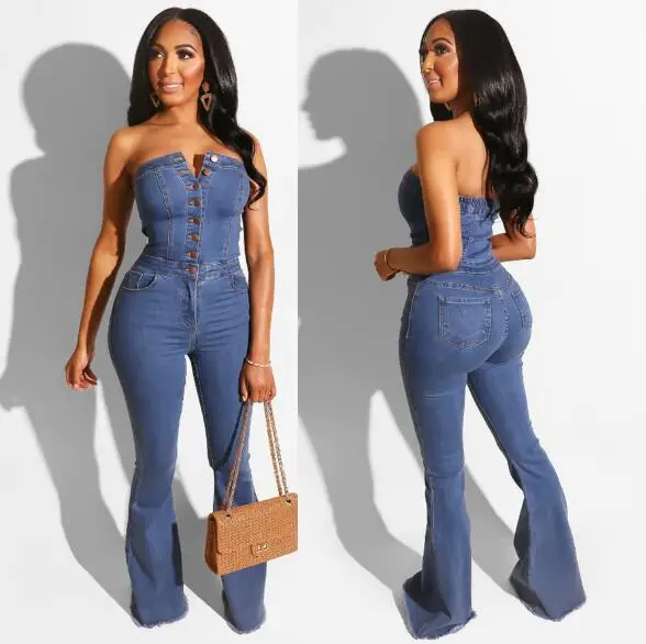 

Cultiseed Women Sexy Strapless Nightclub Party Jeans Jumpsuit Rompers Female V neck Single Breasted Flare Pant Jeans Jumpsuit