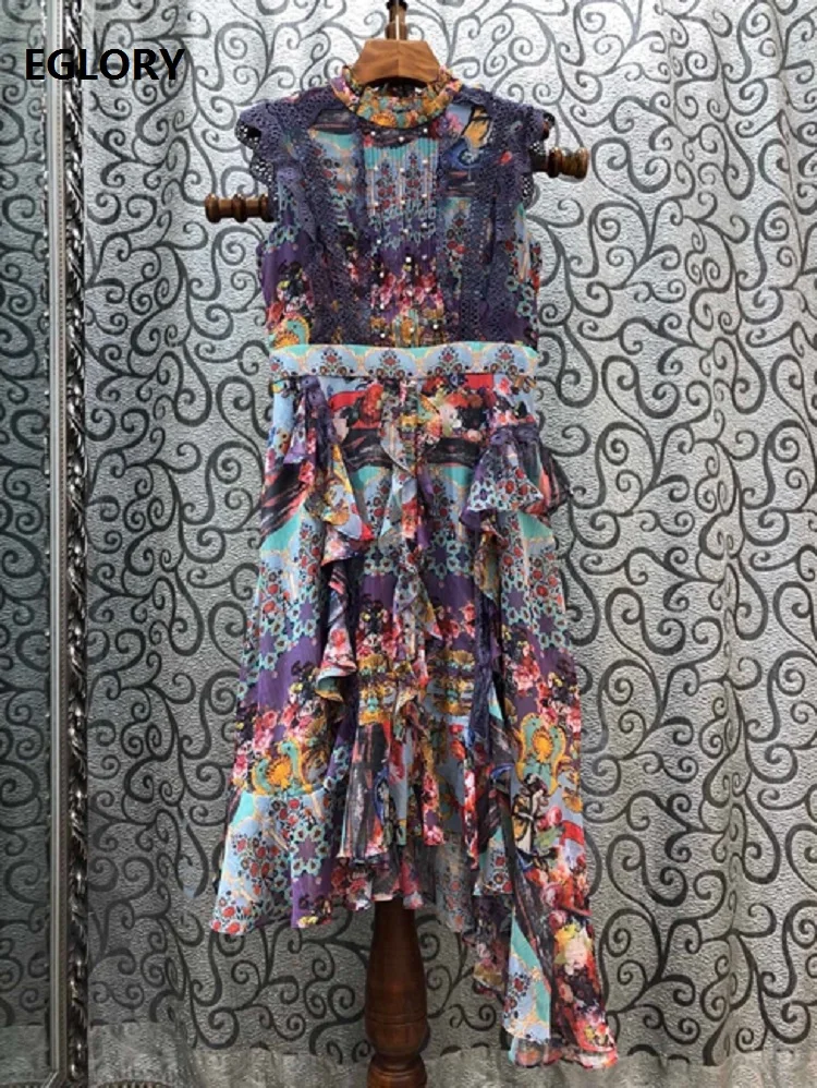 

Top Quality New 2020 Summer Dress Women Vintage Floral Print White Pearl Beading Purple Lace Patchwork Sexy Asymmetrical Dress
