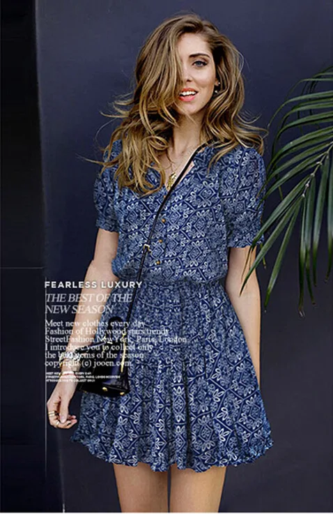

2019 New Style Short Sleeved Printed Cotton Casual Versatile V-neck Dress Women's Chiffon Dress
