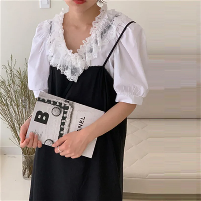 

2020 New Arrivals Women Summer Dress Femme Two Piece Lace Turn-down Blouse & Spaghetti Starp Black Maxi Dresses Preppy Robe
